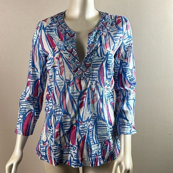 Lilly Pulitzer Amelia Tunic shirt top size small Red Right Return White blue - Picture 5 of 9